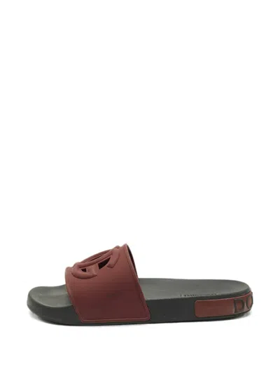 Pre-owned Dolce & Gabbana Dg Logo Size 44 Burgundy Rubber Flat Slides In Red