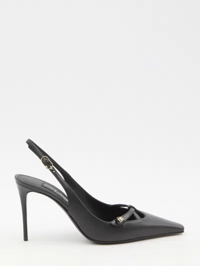 Dolce & Gabbana Leather Slingback With Metal Monogram In Black