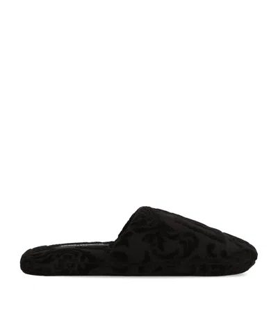 Dolce & Gabbana Black Slippers With Dg Logo Jacquard In Cotton Terry