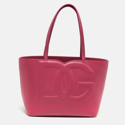 Pre-owned Dolce & Gabbana Dg Logo Small Fuchsia Leather Shopper Tote In Pink
