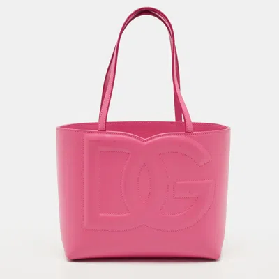 Pre-owned Dolce & Gabbana Dg Logo Small Fuchsia Leather Shopper Tote In Pink