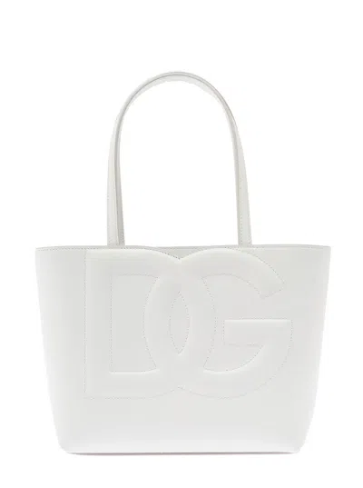 Dolce & Gabbana Dg Logo Small White Shopper In Leather Woman In Avorio