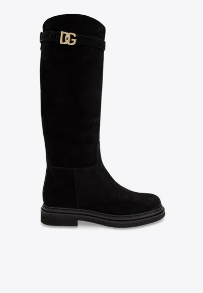 DOLCE & GABBANA DG LOGO SUEDE KNEE-HIGH BOOTS