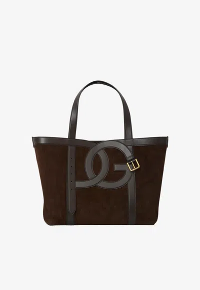 Dolce & Gabbana Dg Logo Suede Leather Tote Bag In Brown