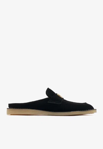 Dolce & Gabbana Dg Logo Suede Slippers In Black