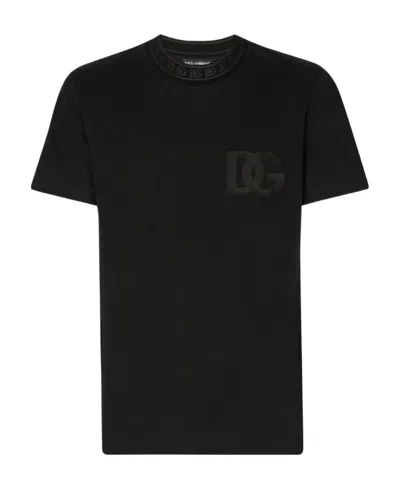 Dolce & Gabbana Cotton Round-neck T-shirt With Dg Embroidery In Black