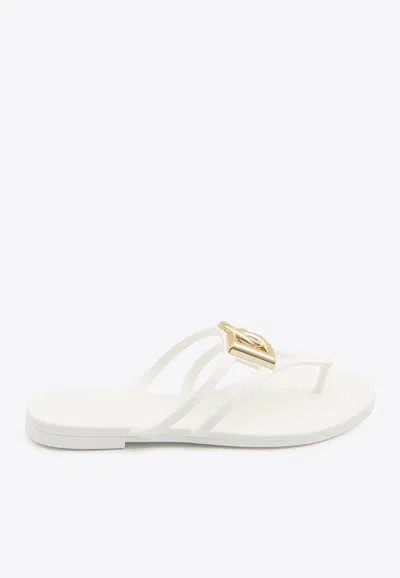 Dolce & Gabbana Women White Thong Sandals With Logo Plaque On The Front In Rubber Woman