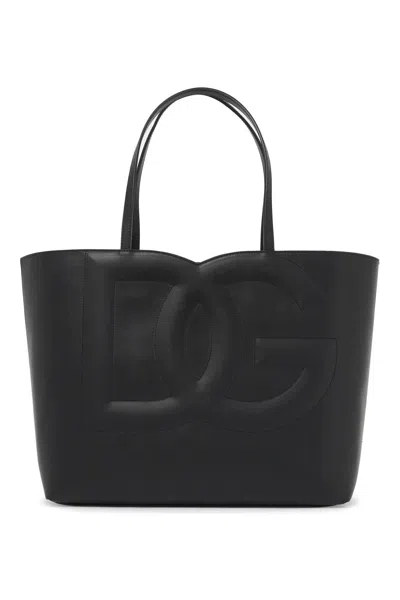 Dolce & Gabbana Black Embossed Logo Leather Tote Bag For Women