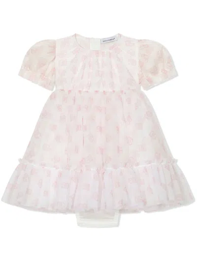 Dolce & Gabbana Babies' All Over Logo-print Tulle Dress In White