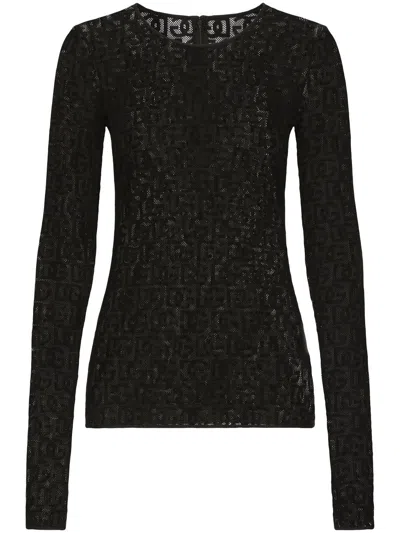 Dolce & Gabbana Tulle T-shirt With All-over Dg Logo In Black