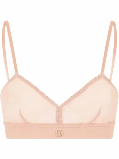 Dolce & Gabbana Dg-logo Tulle Triangle Bra In Neutrals