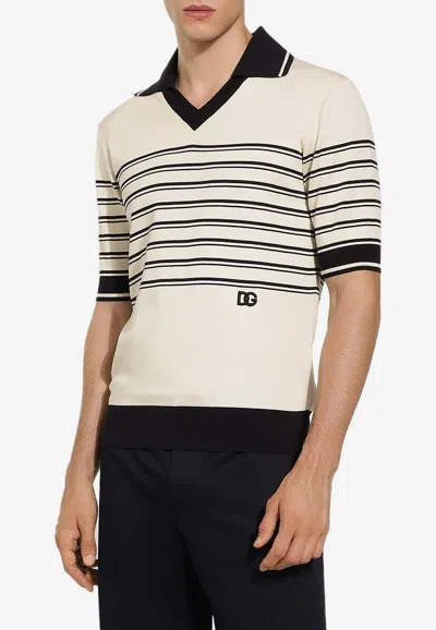 Dolce & Gabbana Dg Logo V-neck Polo T-shirt In Cream