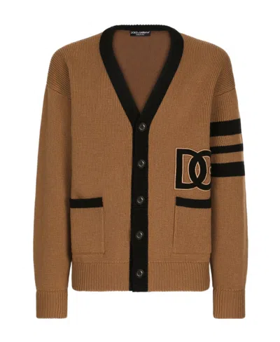 Dolce & Gabbana Ribbed Wool Cardigan Featuring Striped Sleeve In Brown