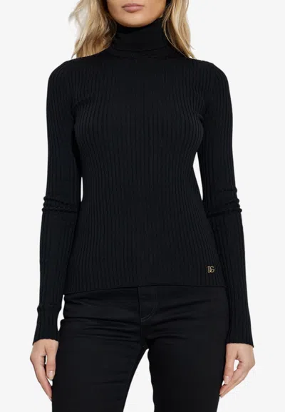 Dolce & Gabbana Dg Logo Wool Turtleneck Sweater In Black