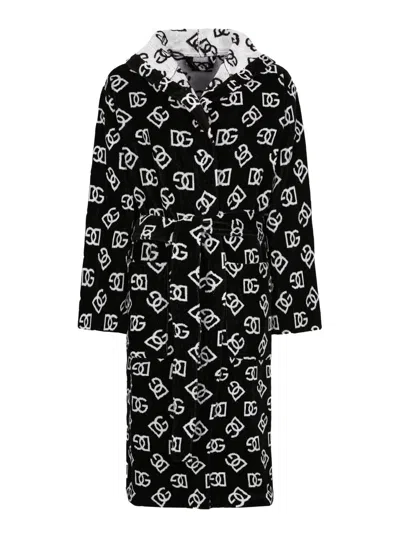 Dolce & Gabbana Dg Logo-print Cotton Bathrobe In Black