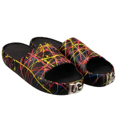 Pre-owned Dolce & Gabbana Dg Metal Logo Hand Paint Plateau Slides Sandals Shoes Black