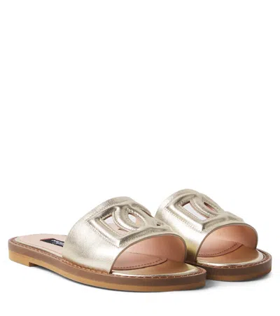 Dolce & Gabbana Kids' Dg Metallic Leather Slides In Brown