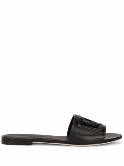 Dolce & Gabbana Dg Millenials Calf Leather Sandals With Cut-out Logo In Black