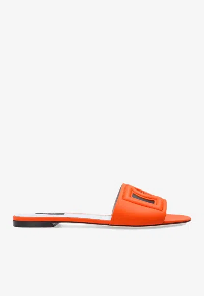Dolce & Gabbana Slide Sandals In Orange Leather With Logo In Red