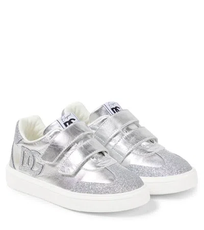 Dolce & Gabbana Kids' Dg Original Glitter Leather Sneakers In Silver