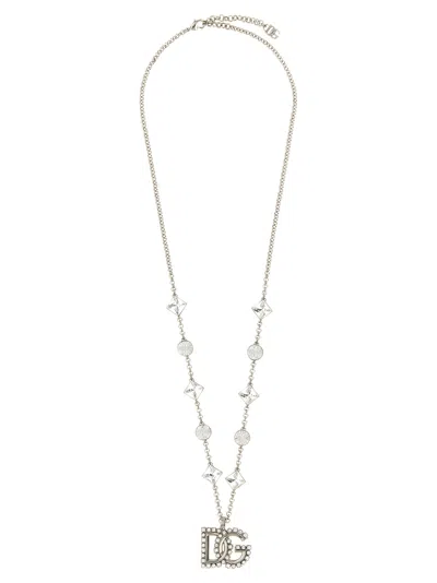 Dolce & Gabbana Dg Pendant With Crystal Chain Necklace In Silver