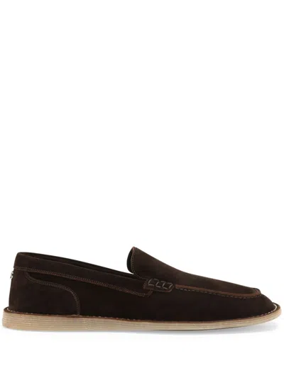 Dolce & Gabbana Dg-plaque Suede Loafers In Brown