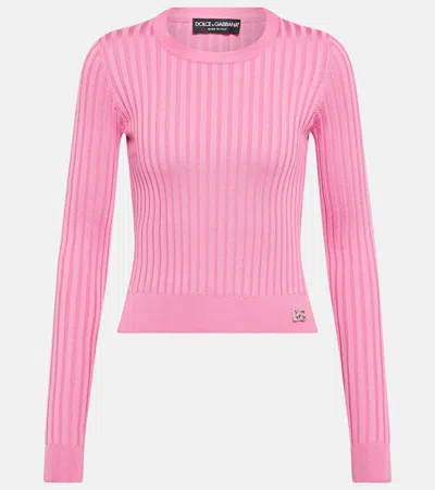 Dolce & Gabbana Dg Ribbed-knit Silk Cropped Sweater In Pink