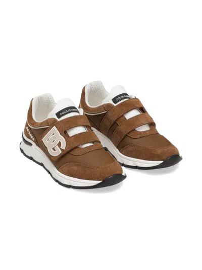 Dolce & Gabbana Kids' Dg Running Logo-strap Sneakers In Brown