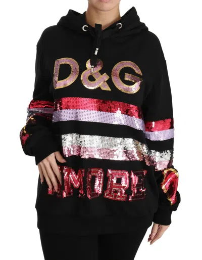Dolce & Gabbana Dg Hooded Pullover Sweater Sequin Logo In Black