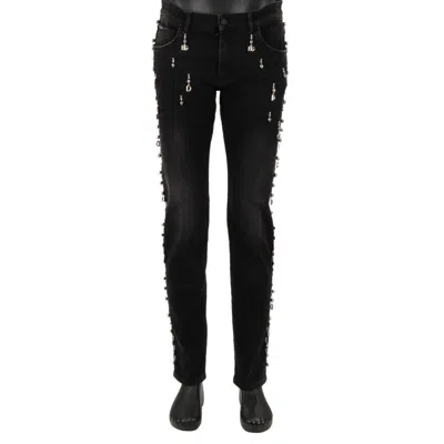 Pre-owned Dolce & Gabbana Dg Silver Metal Logo Pearl Pendant Jeans Pants Slim Black