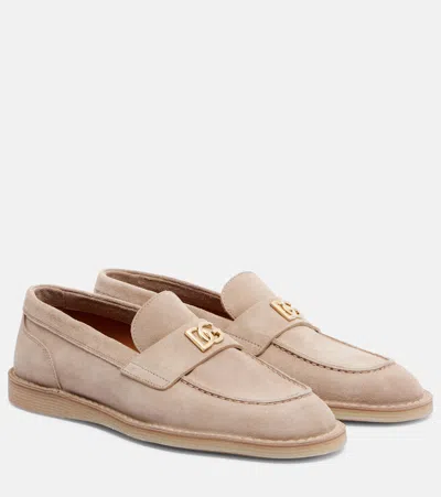 Dolce & Gabbana Desert-colored Suede Loafers With Dg Logo In Neutral