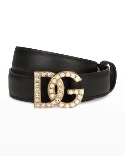 Dolce & Gabbana Dg Swarovski Crystal & Pearl Leather Belt In Black / Gold