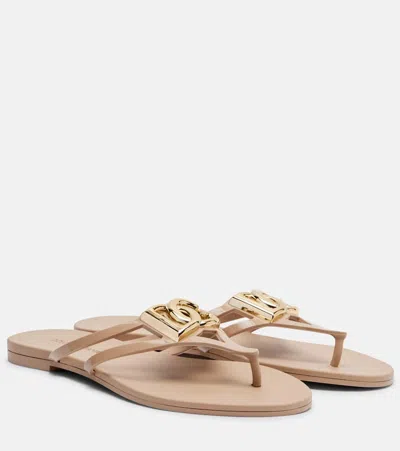 Dolce & Gabbana Women Pink Thong Sandals With Logo Plaque On The Front In Rubber Woman In Gold