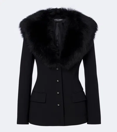 Dolce & Gabbana Peplum Plush-trimmed Wool-blend Jacket In Black