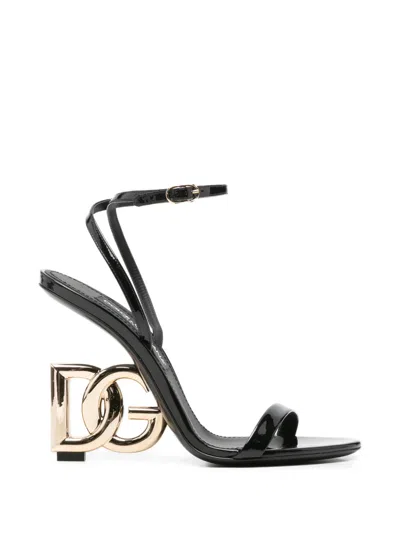Pre-owned Dolce & Gabbana Dg-logo Patent-leather Heeled Sandals In Black
