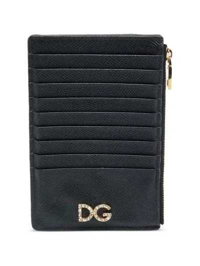 Pre-owned Dolce & Gabbana Dg-plaque Crystal-embellished Card Holder In Black