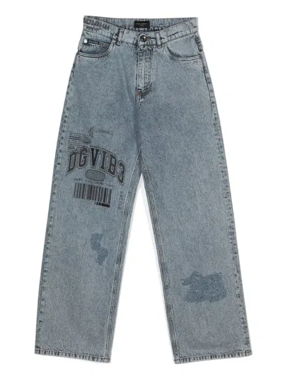 Dolce & Gabbana Dgvib3 Kids' Slogan-print High-waisted Jeans In Blue