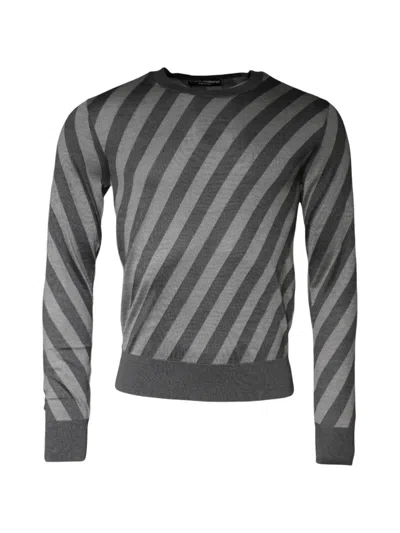 Dolce & Gabbana Striped Crew Neck Long Sleeve Pullover Sweater In Gray