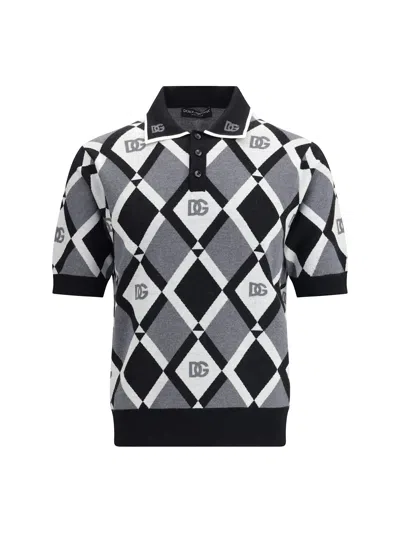 Dolce & Gabbana Men Diamond Knit Polo Sweater In Black