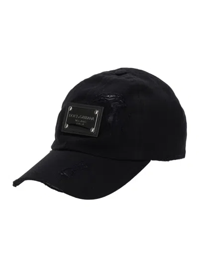 Dolce & Gabbana Distressed Black Baseball Cap With Logo Plaque
