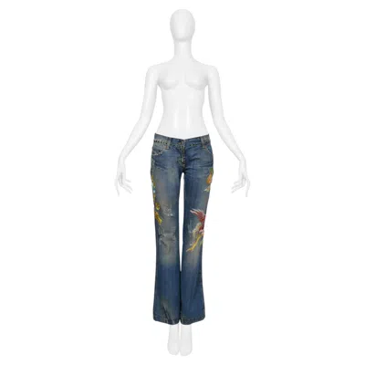 Pre-owned Dolce & Gabbana Distressed Blue Denim "hawaii" Jeans With Embroidery