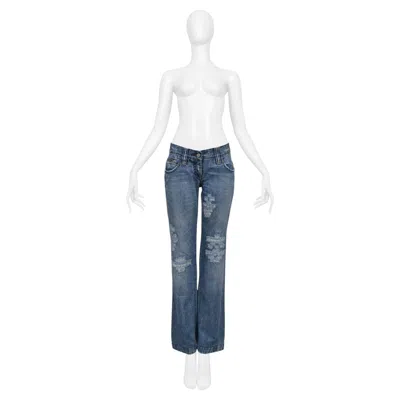Pre-owned Dolce & Gabbana Distressed Blue Denim Western Jeans With Heavy Stitching