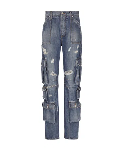 Dolce & Gabbana Distressed Cargo Straight-leg Jeans In Blue