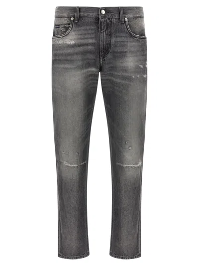 Dolce & Gabbana Distressed Cotton Denim Jeans In Grey