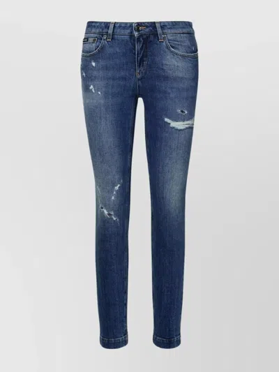 Dolce & Gabbana Distressed Cotton Denim Jeans With Belt Loops In Blue