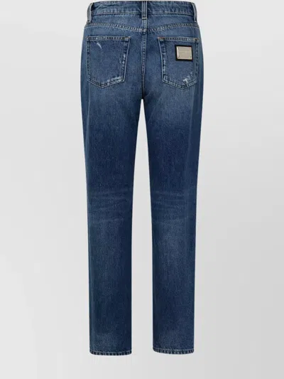 Dolce & Gabbana Distressed Cotton Denim Trousers With Contrast Stitching In Blue