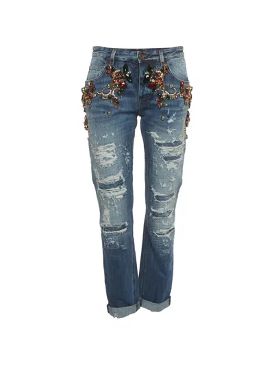 Pre-owned Dolce & Gabbana Distressed Crystal-embellished Jeans In Blue