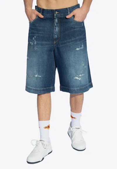 Dolce & Gabbana Distressed Denim Bermuda Shorts In Navy