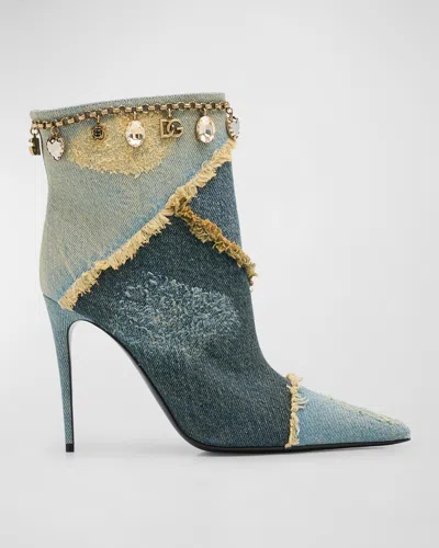 DOLCE & GABBANA DISTRESSED DENIM CHARMS ANKLE BOOTIES