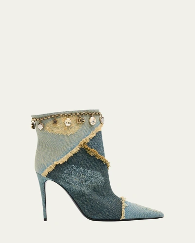 Dolce & Gabbana Distressed Denim Charms Ankle Booties In Blue